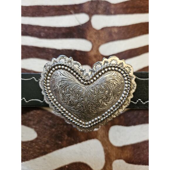 Vintage Brighton USA Heart Buckle Western Belt Silver Leather Black Sz L - Picture 2 of 6
